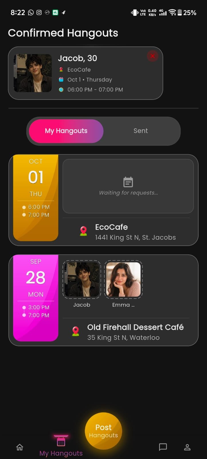 Wowmet confirmed hangouts screen with date, time, venue, and accepted connection