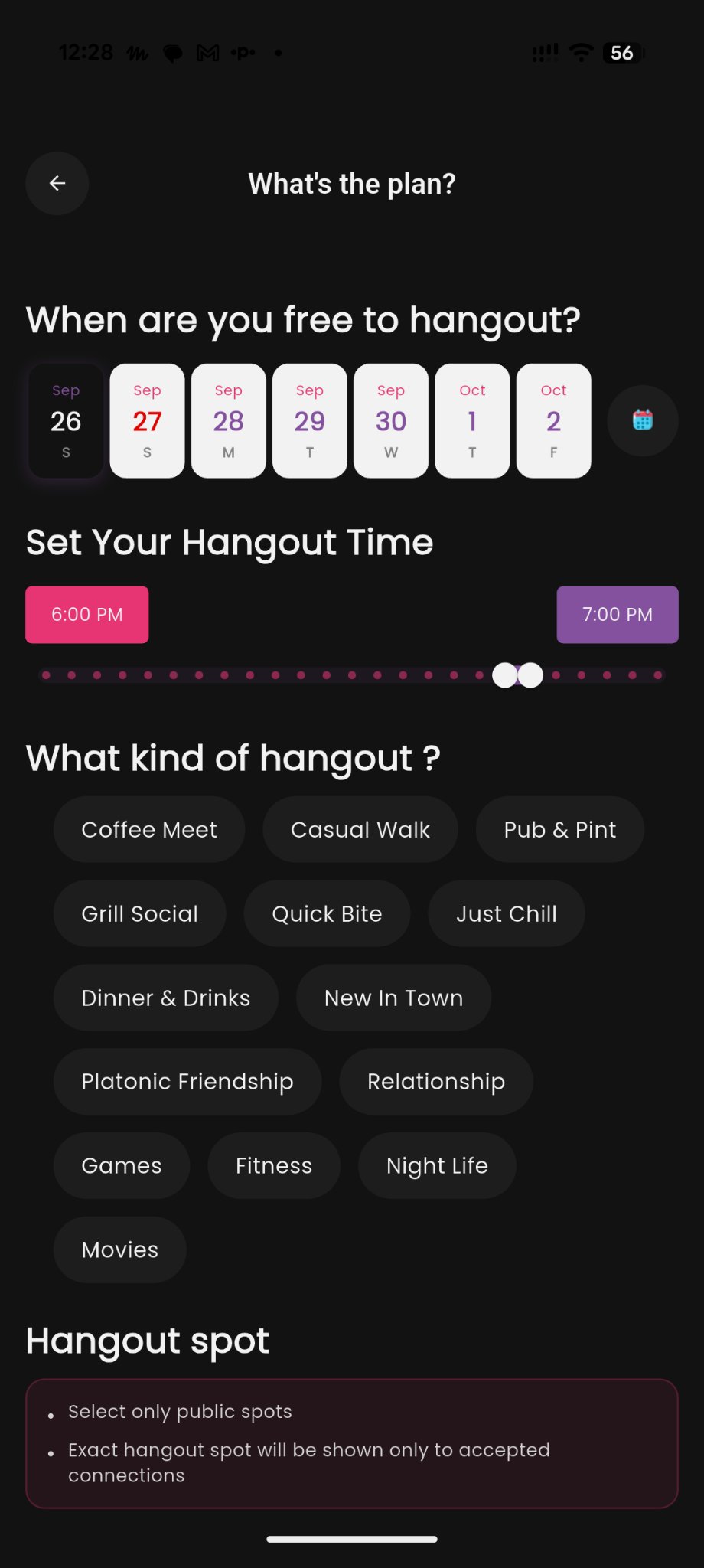 Wowmet post creation screen for selecting a date, time, hangout type, and public spot