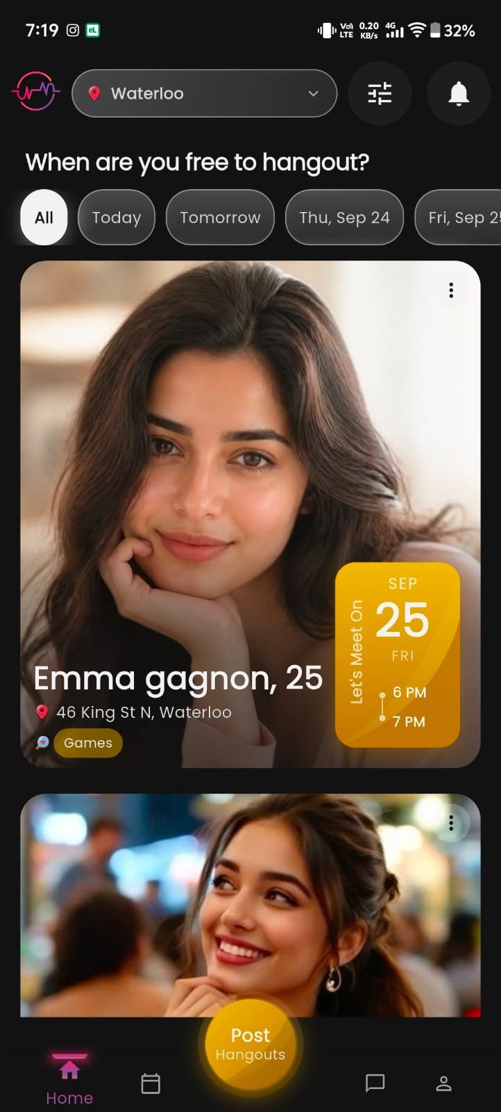 Wowmet app feed headed When are you free to hangout, with one-to-one hangout cards