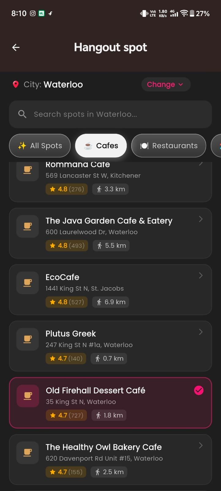 Wowmet public hangout spot picker showing cafés in Waterloo